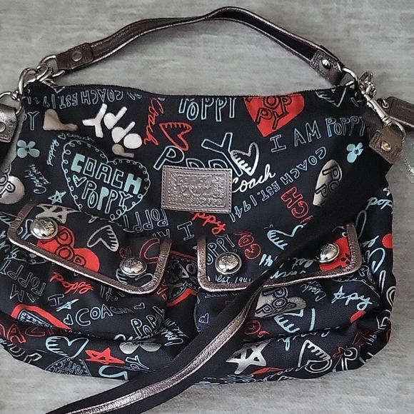 Coach Handbags - Coach Poppy Black and Red Hobo Bag - RARE